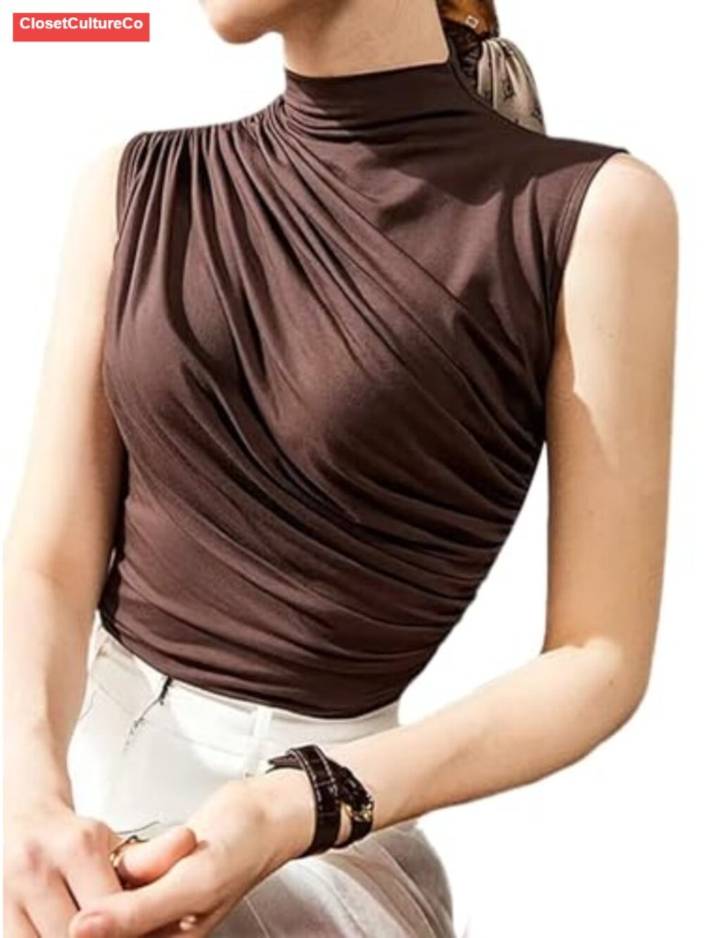 Women Fitted Sleeveless Ruched Tank Top Mock Turtleneck Blouse